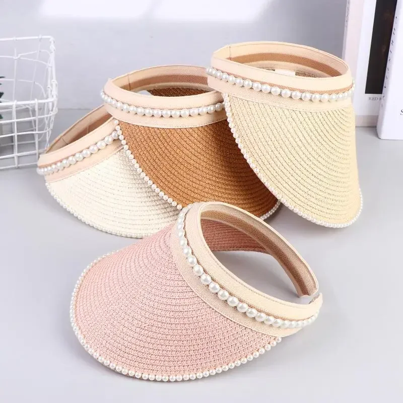 Imitation Pearl Straw Hats Women 2024 Summer Open Top Sun Visor Cap Elegant Beach Headwear for Outdoor Vacation