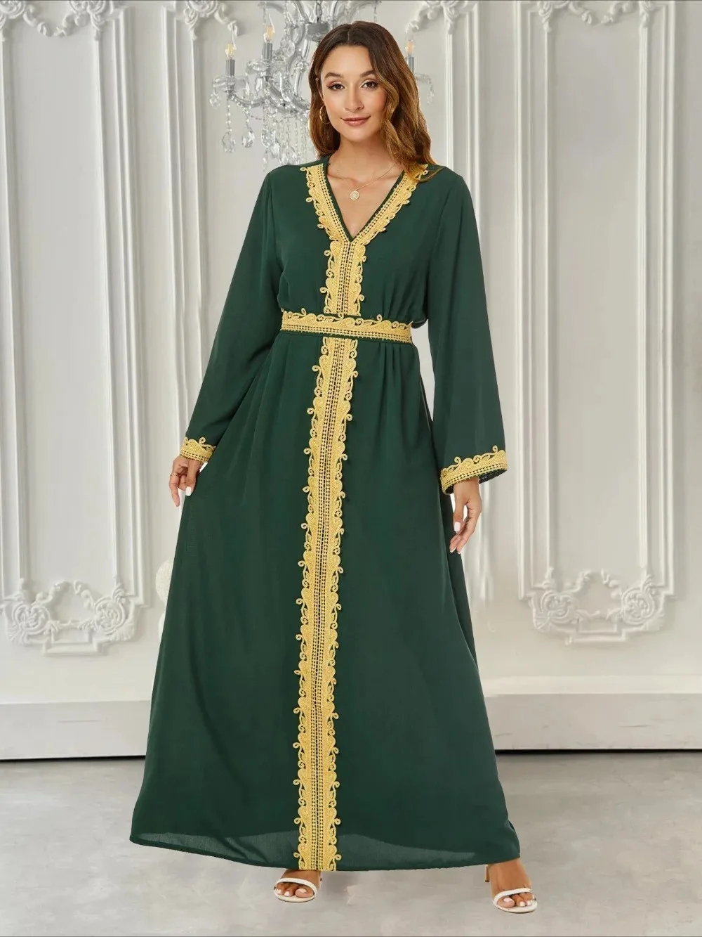 Sweet Long Sleeve Eid Turkey Muslim Dress Women Kaftan Long Robe Abaya V Neck Vestidos Islamic Clothing Arabic Dresses Mulsuman