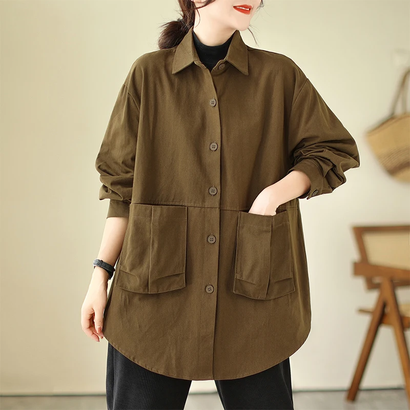 ملابس العمل الرجعية Jaet المرأة عارضة ميدي طول ربيع الخريف بالإضافة إلى حجم فضفاض اللحوم تغطي معطف طوق القطن