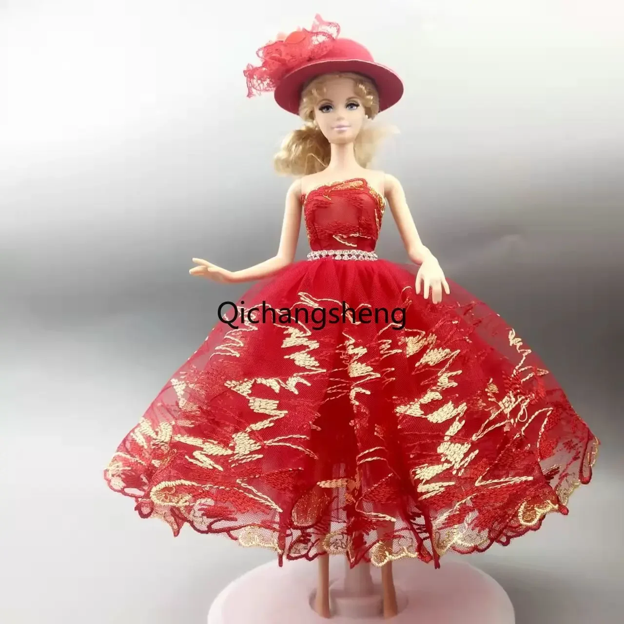 1/6 Doll Clothes Red Golden Lace Princess Dress For Barbie Clothing Outfit Ballet Tutu Dresses Rhinestone 3-layer Skirt Gown Toy