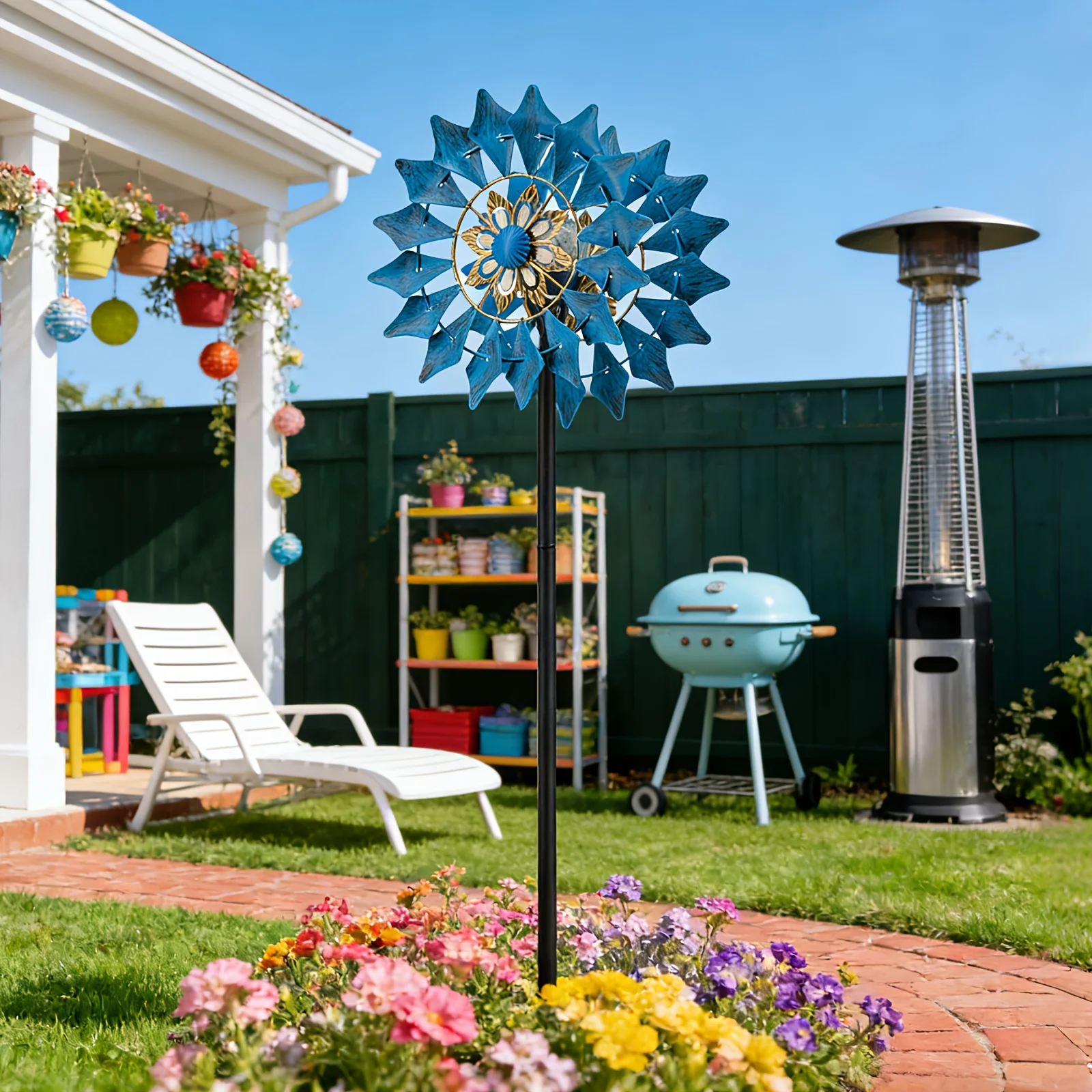 

A Metal Windmill Equipped with an LED Light That Charges During The Day And Illuminates at Night.