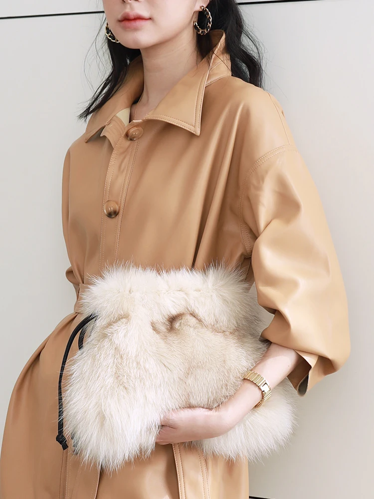 2023 New Fox Fur Grass Blessed Bag Leather Drawstring Strap Mouth Plush Handheld One Shoulder Crossbody Women's Bag Autumn and W