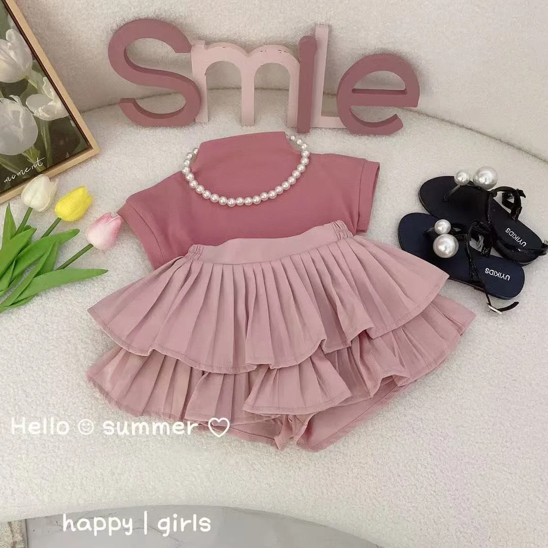 

Girls Set 2025 New Girls Summer Short Sleeved Pleated Skirt Two Piece Set Girls Summer Lovely Princess Clothes