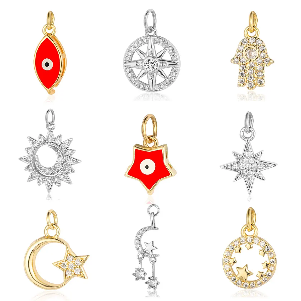 3pcs/Lot Copper Cubic Zircon Devil Eye Star Charms Hamsa Hand Crescent  Moon Sun DIY Jewelry Bracelet Earring Necklace Pendant