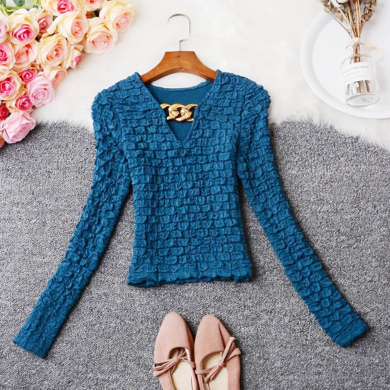 

Elegant V-Neck Long Sleeve T-Shirt Women's Folded Design Short Style Korean Version Commute Wind Pure Color Autumn Winter New...