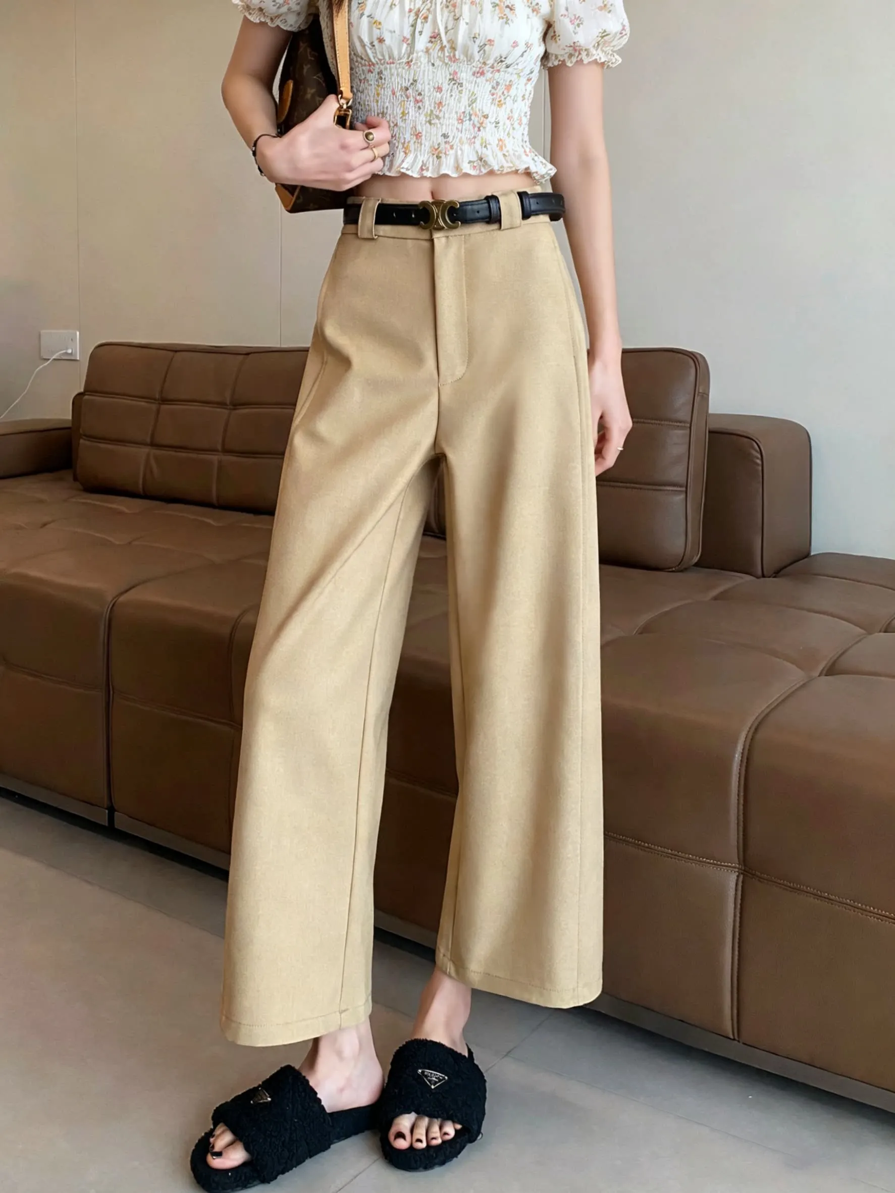 Khaki Wide Leg Pants High Waist Nine-Tenths Length Women's Spring Summer New Style Casual Classic Trousers Cotton 100%