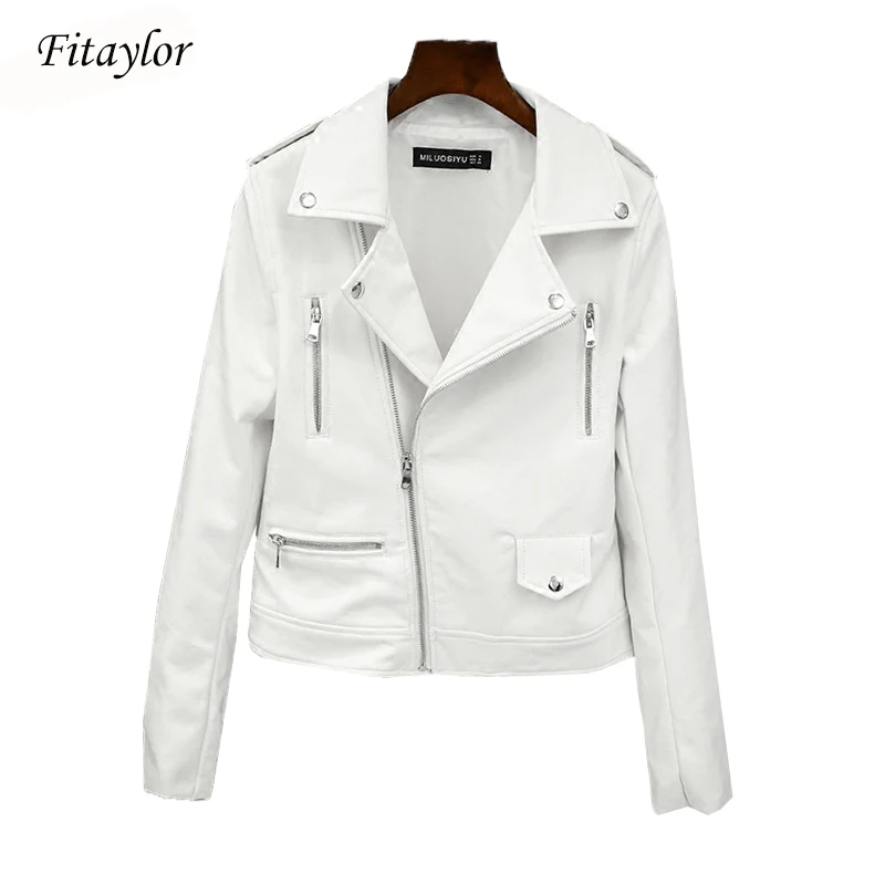 Fitaylor 2022 New Spring Autumn Women Biker Leather Jacket Soft PU Punk Outwear Casual Motor Faux Leather White Jacket