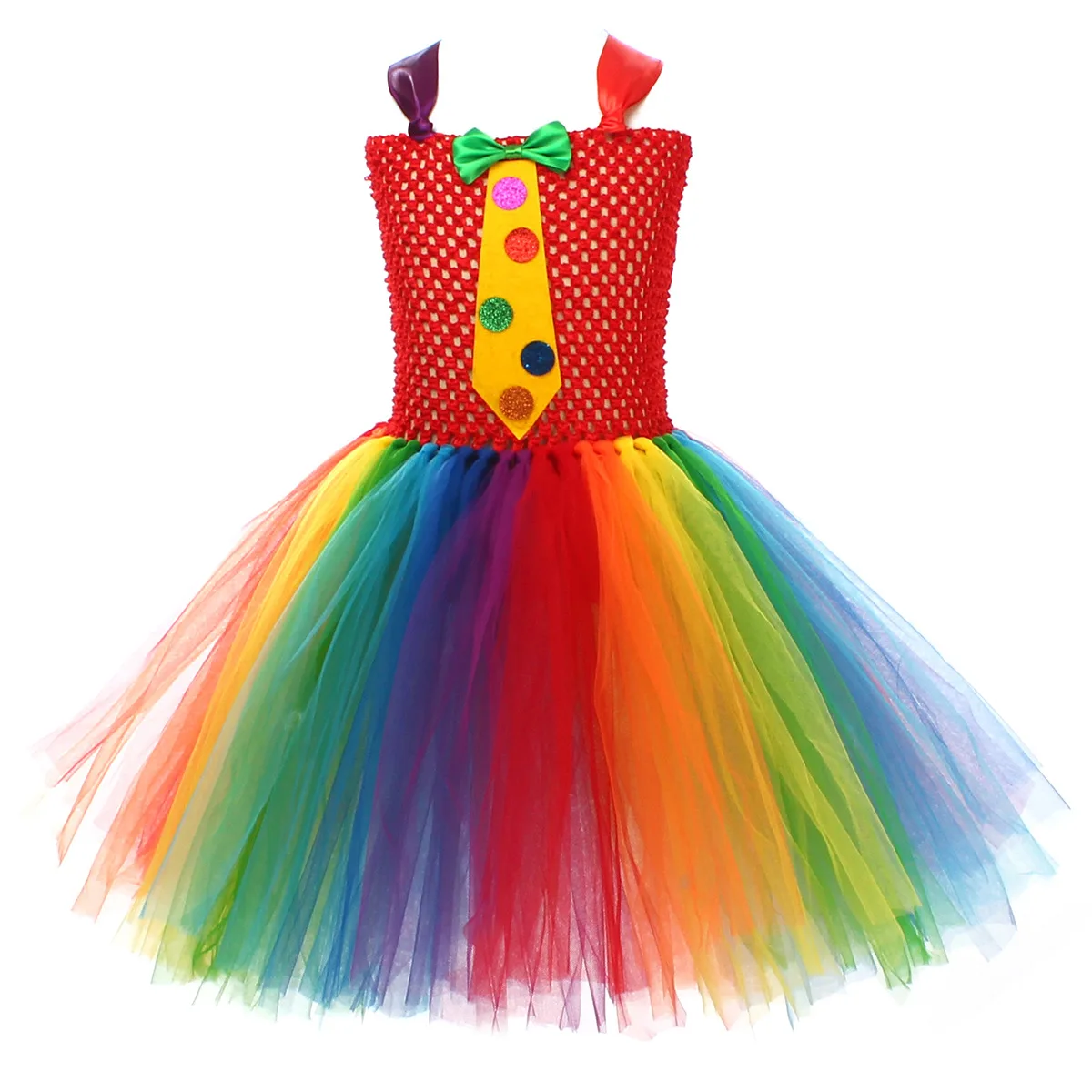 Rainbow Funny Circus Clown Polka Dots Decoration Puffy Mesh Tutu Dress With Colorful Headband Bag Halloween Carnival Party Wear