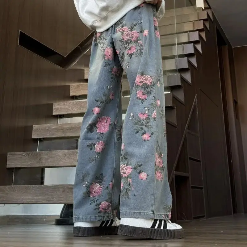 Jean rétro bleu imprimé Rose pour hommes, pantalon décontracté avec Tube droit de relaxation et amincissant et couteau incurvé