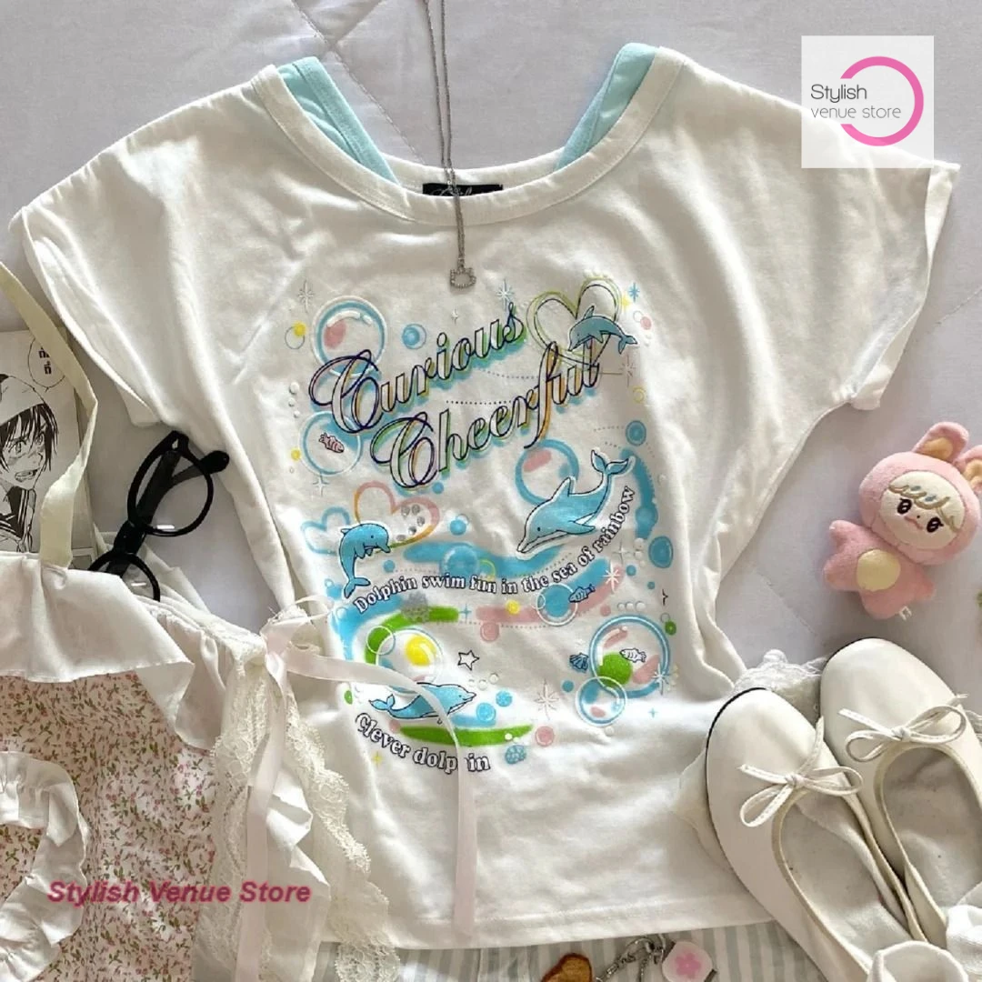 

Korean original white cartoon letter printing fake two short-sleeved T-shirts female summer new fashion retro spice slim top.