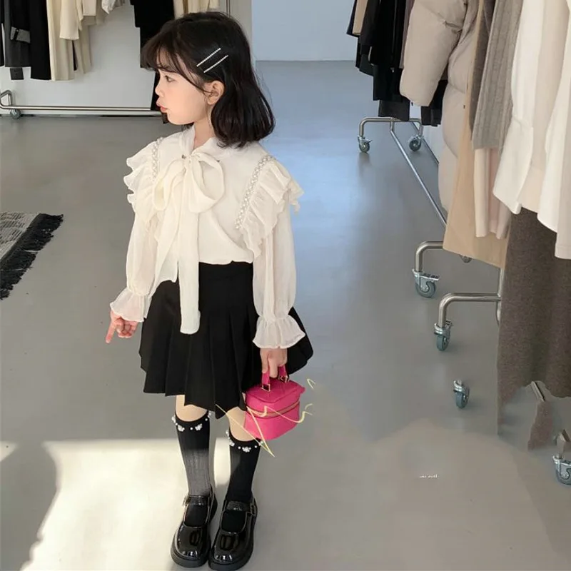 Children Clothing 2022 Spring Autumn Fashionable Girl Set with Pearl Decorated Top Skirt Casual Sweet Set Baby Girl Clothes