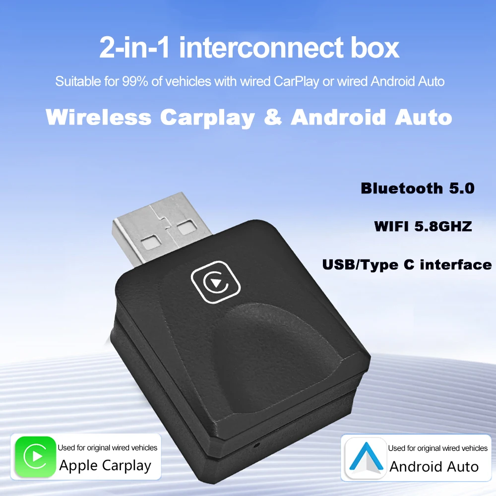 

Bluetooth 5.0 Wireless CarPlay Android Auto Wireless Adapter Smart Mini Box Plug And Play WiFi 5GHZ Fast Connect For 99% Cars