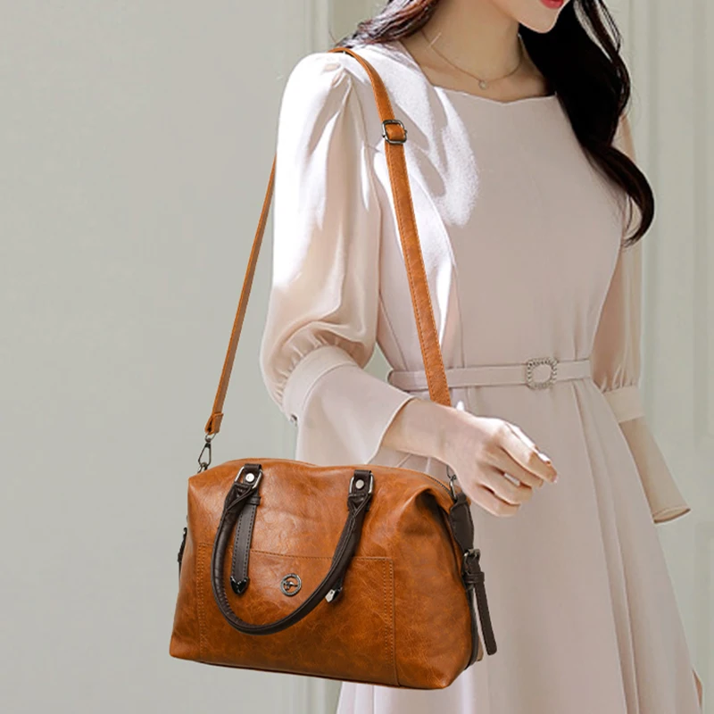 Vintage Contrast Strap Women Handbag Leather Large Capacity Ladies Tote Bag Casual Daily Removable Shoulder Strap Crossbody Bags