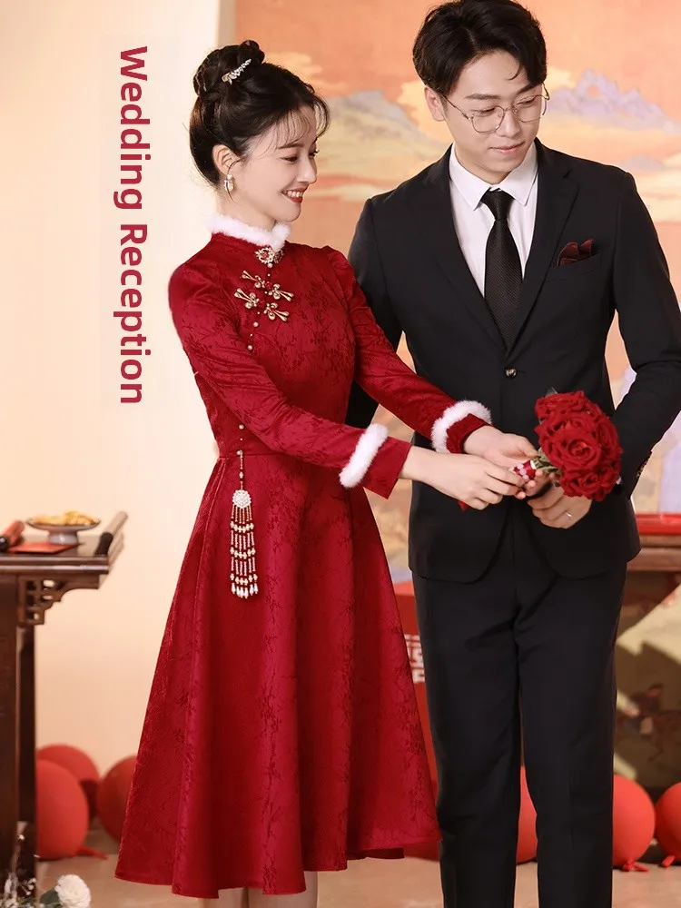 

Red Long Sve Engagement Dr Wedding Guest Dr New Bride Women's Faion Retro Sle mid Waist A-Line Skirt