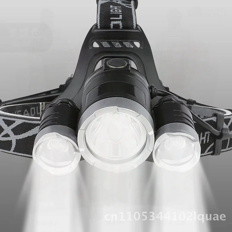 Phare LED Rechargeable à trois têtes, lampe de pêche à lumière forte, lampe de poche Super brillante à longue portée montée sur la tête pour mineur avec