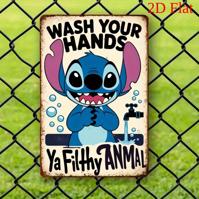 ديزني 1 قطعة علامة حائط معدنية مرخصة رسميًا من ديزني ستيتش 8 × 12 بوصة (20 × 30 سم) ديكور حمام حديدي عتيق مع غسل يديك
