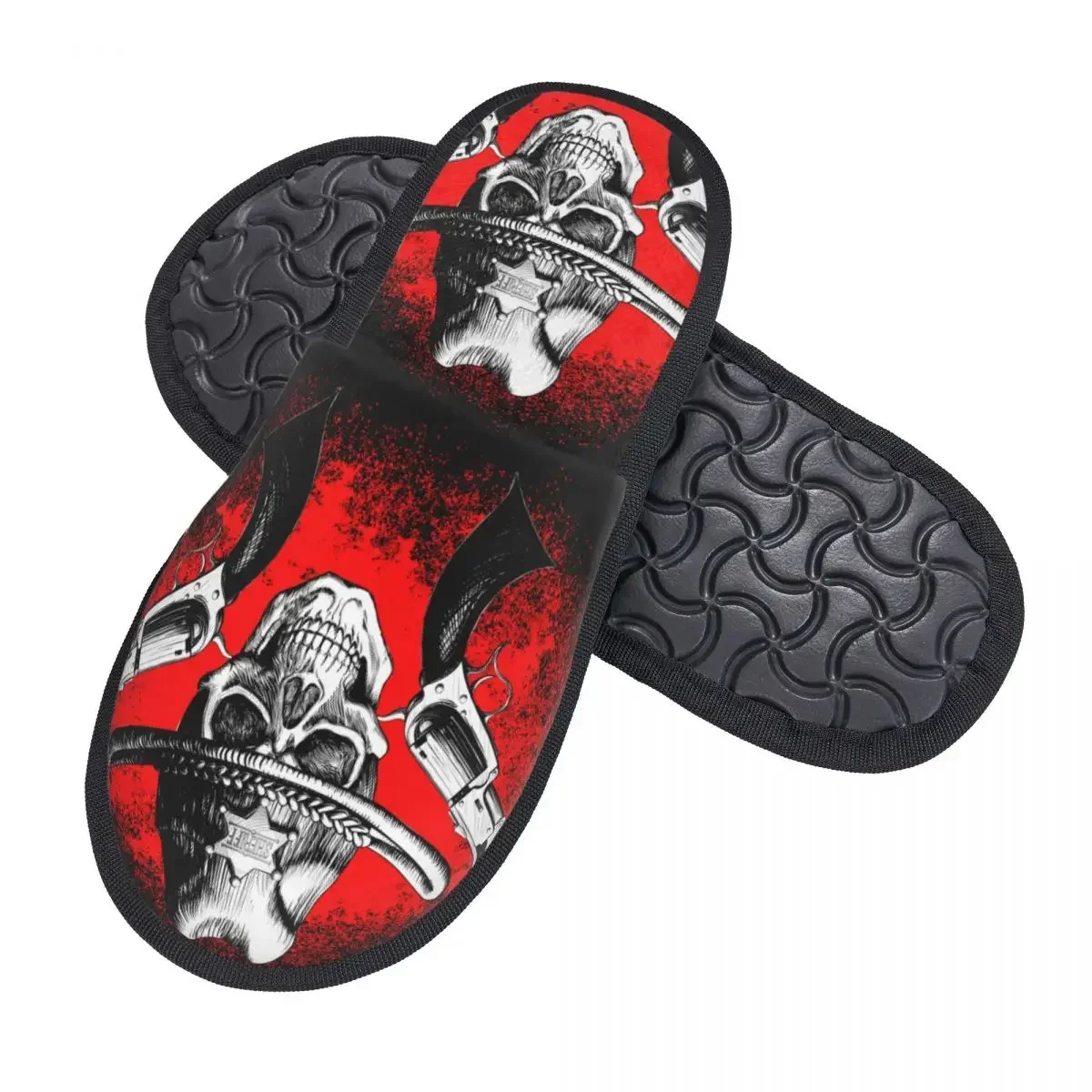 Winter Women Men Non-Slip Flat Slippers Skull Wearing Cowboy Hat With Guns Indoor Fur Soft Warm Shoes