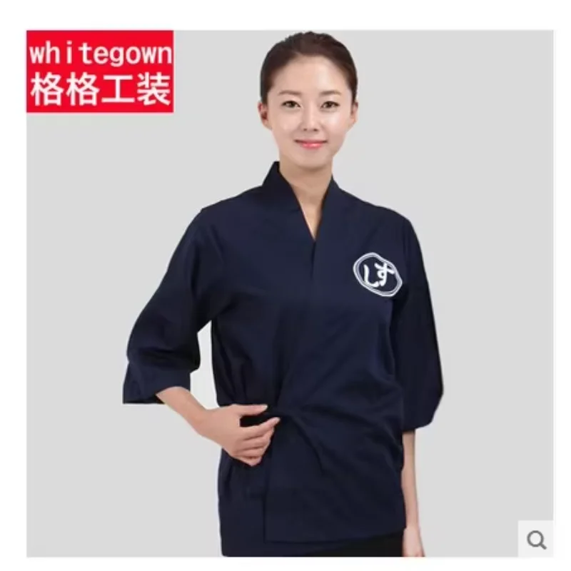 ชุดเชฟซูชิ Workwear อาหารญี่ปุ่นเสื้อกิโมโน Cook แจ็คเก็ตฤดูใบไม้ผลิสีฟ้า