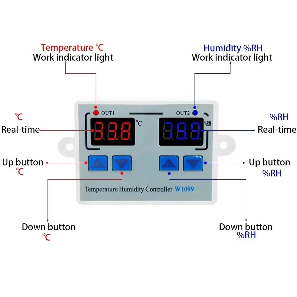 W1099 Dual Display Digital Temperature Humidity Controller DC 12V 24V AC 110-220V Thermostat Humidistat Regulator Incubator