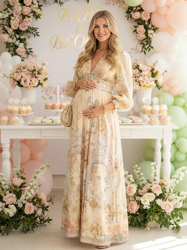 Vintage Floral Long Sleeve Maxi Maternity Dress for Pregnancy Photo Shoot Baby Shower Gender Reveal Boho Photography Gown Outfit