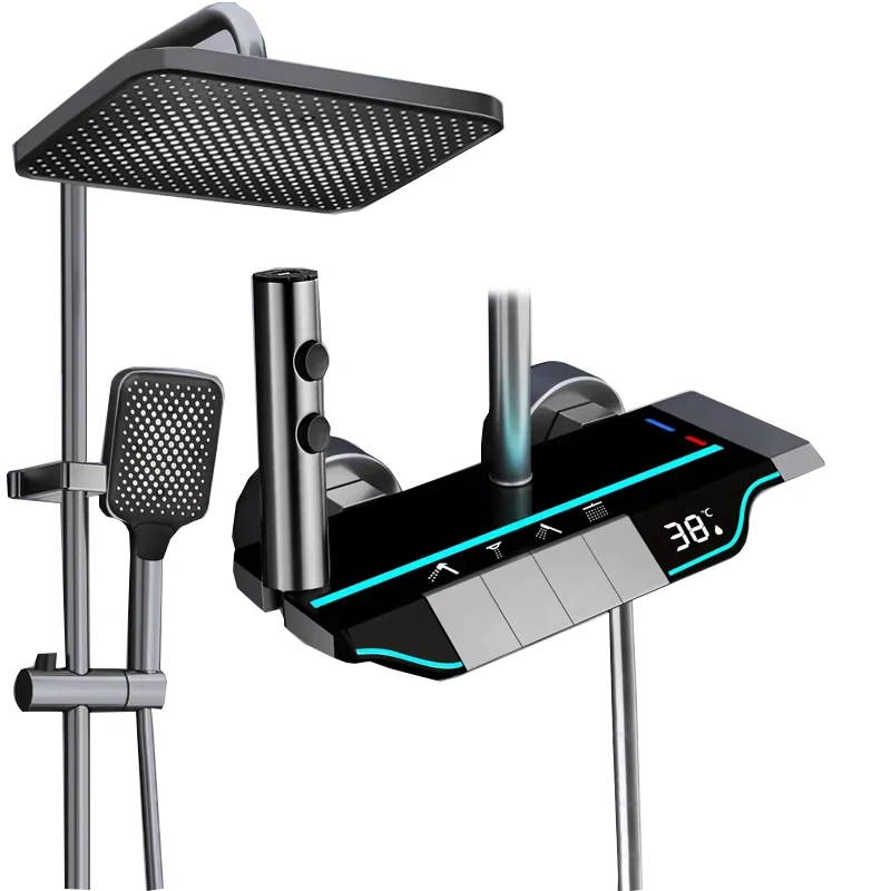 

Luxury LED Shower Set with Piano Key Bathroom brass Shower System with Digital Temperature Display shower faucets