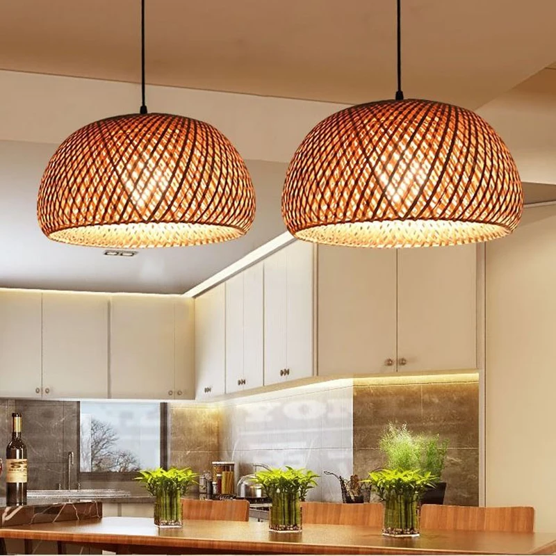 

Southeast Asia Semicircle Pendant Lamp Hand Knitted Chandeliers Dia 28.5cm Wire length 1.2M Wood Base Ceiling light Room Decor