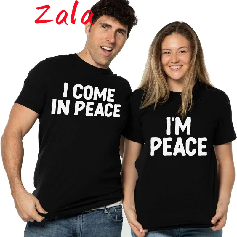 T-shirt pour femme imprimé « Couple I Come in Peace I Am Peace », double sens humoristique, humoristique et original, à manches courtes, décontracté, vêtements pour femme