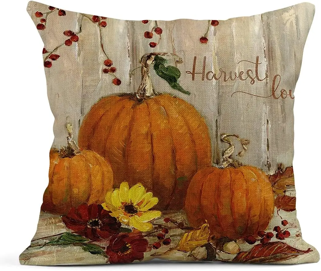 Funda de almohada de lino con diseño de calabaza para decoración del hogar, cubierta de cojín cuadrada para sofá, cama, otoño