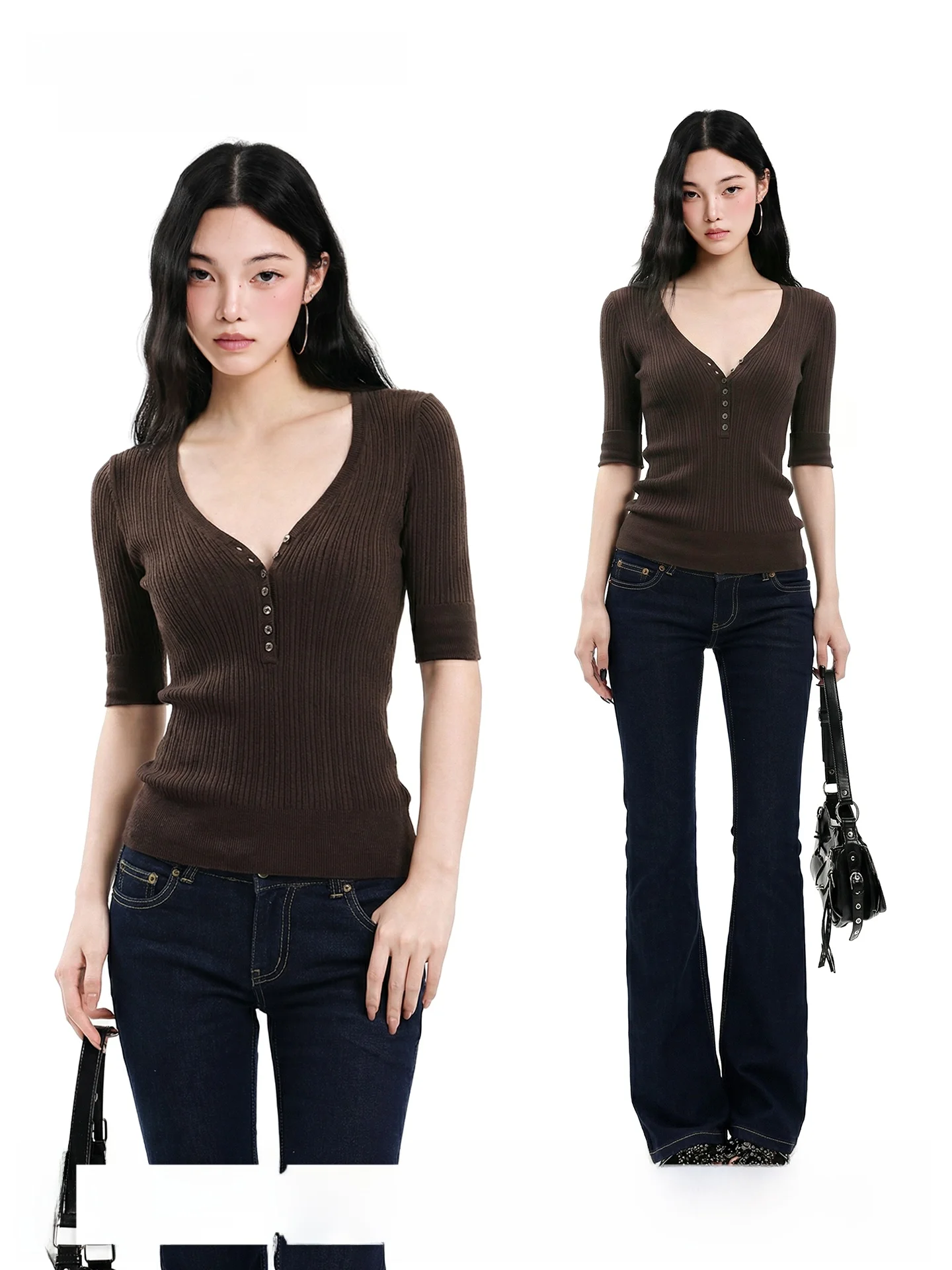 

Uncmhisex American Retro Coffee V-neck Mid-sleeve Knitted Sweater Women Slimming Versatile Top Five Sleeve Regular Length