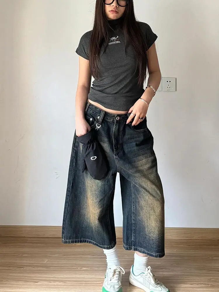 

Американские ретро синие укороченные джинсы с высокой талией, летние тонкие прямые свободные брюки для поездок на работу