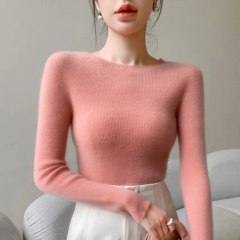 

100%Pure Wool Sweater Women's Round Neck Pullover 2024 Spring Clothing New Cashmere Sweater Slim Fit Slimming Line Ready To Wear