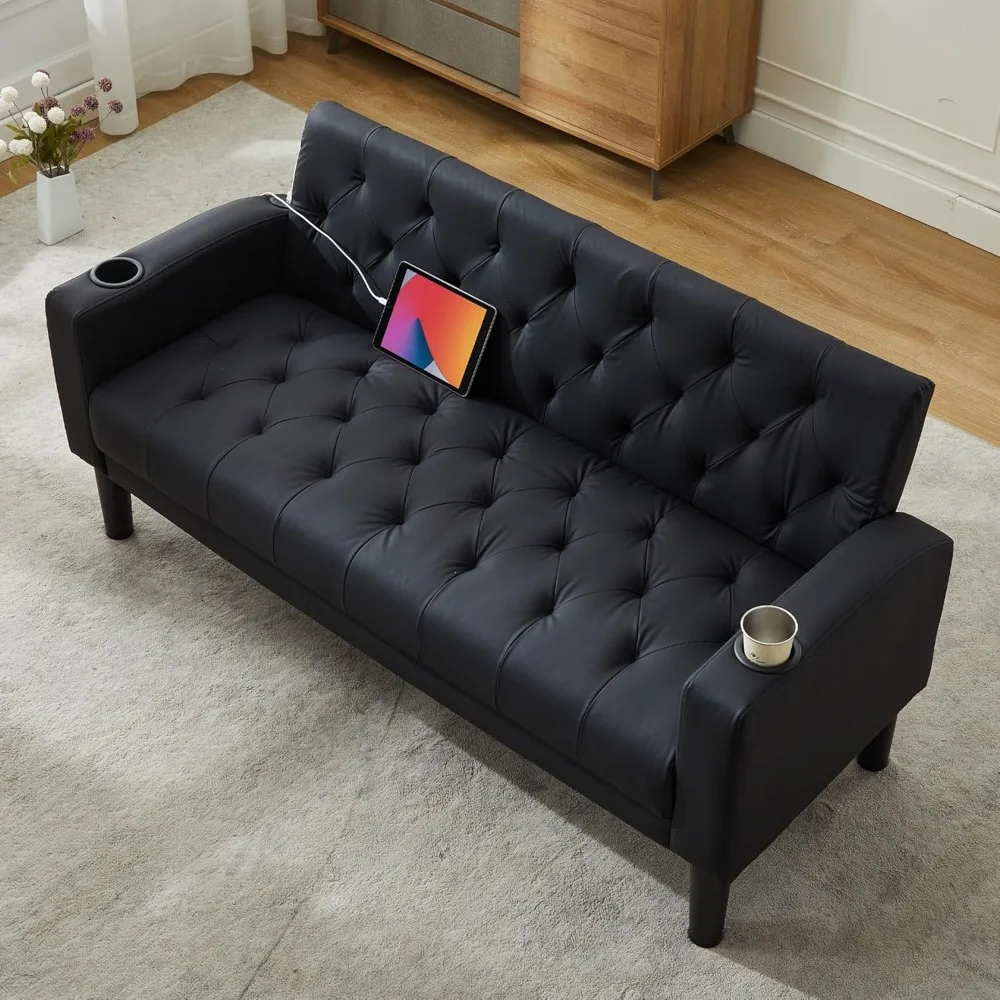 Sofá Loveseat de 62" de ancho con 2 puertos de cargador USB y 2 portavasos, sofás pequeños con asiento de amor de cuero negro capitoné moderno de mediados de siglo