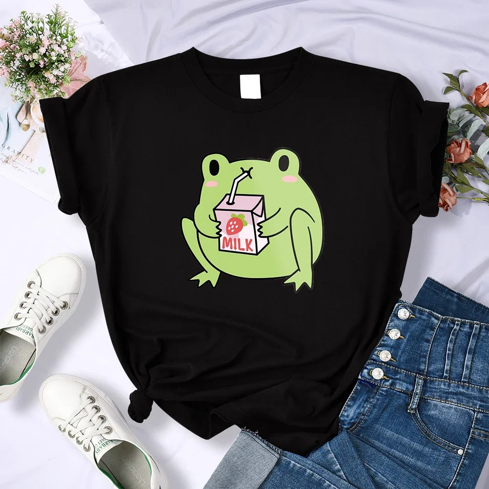 Print T Shirt Cute Strawberry Milk Frog Metal Women Fashion Loose T-Shirt Street Summer O-Neck Tops Cool Quality Woman T-Shirts