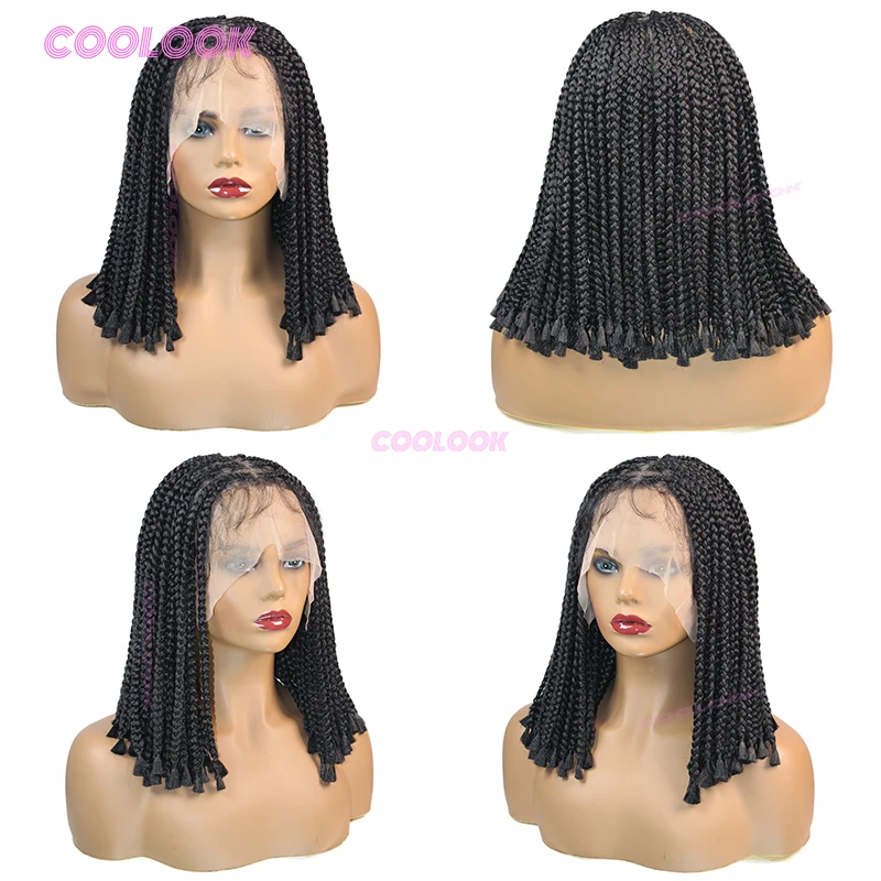 12 "Wig Bob Pendek Wig Kepang Sintetis untuk Wanita Wig Renda Penuh Kepang Kotak Wig Renda Kepang Cornrow Afrika dengan Harga Murah