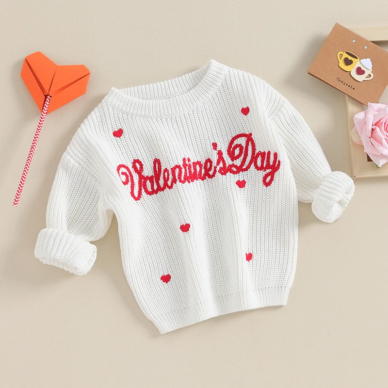 Toddler Girls Boys Sweater Letter Heart Embroidery Crew Neck Long Sleeve Pullovers Baby Valentines Day Outfits