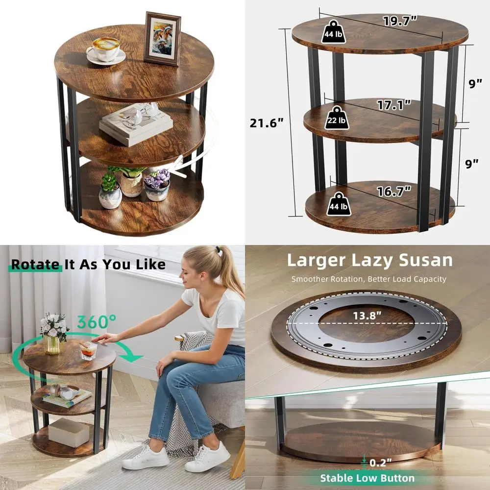 

Round Side Table, 3-Tier Rotating Side Table, Big Shelf End Table Living Room with Lazy Susan, Nightstand for Small Spaces Livin
