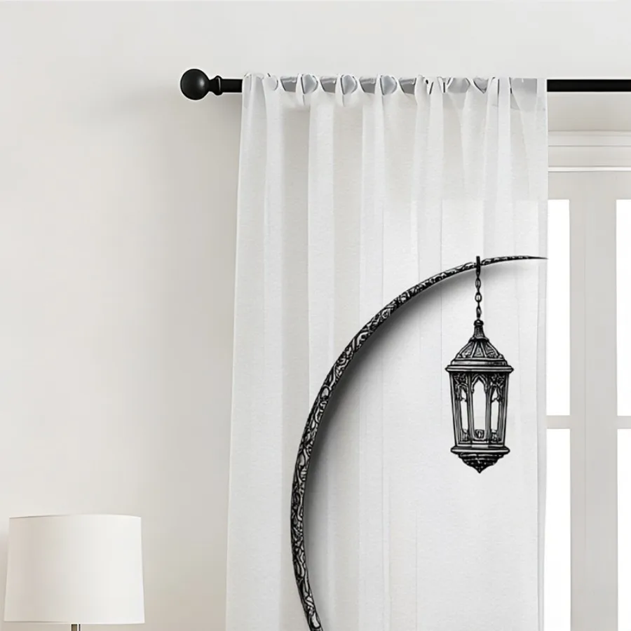 2PCS Digital Print Sheer Curtains, Black Arc Hanging Lamp, Modern Minimalist Industrial for Bedroom Living Room Home Decor