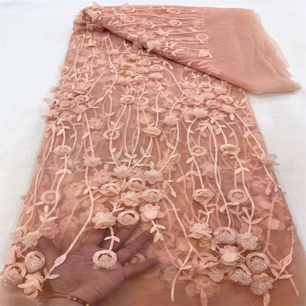 French African 3D Flower Tulle Lace Fabric 2024 With Beads High Quality Embroidery For Bridal Wedding Dress Nigerian Lace Fabric