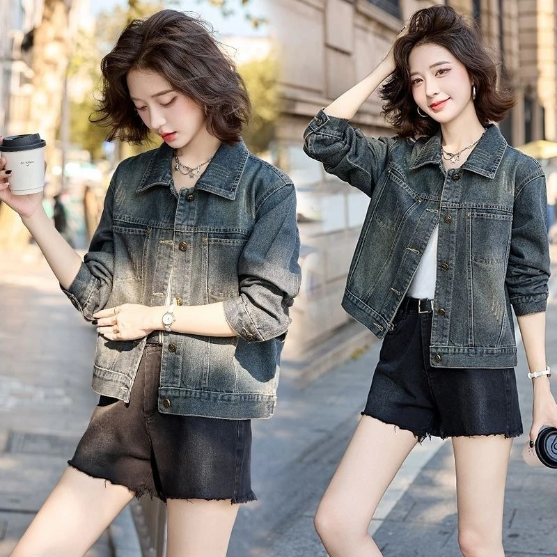 Jaqueta jeans curta elegante feminina 2025 primavera outono vintage estilo retrô americano casual agasalhos com mangas compridas