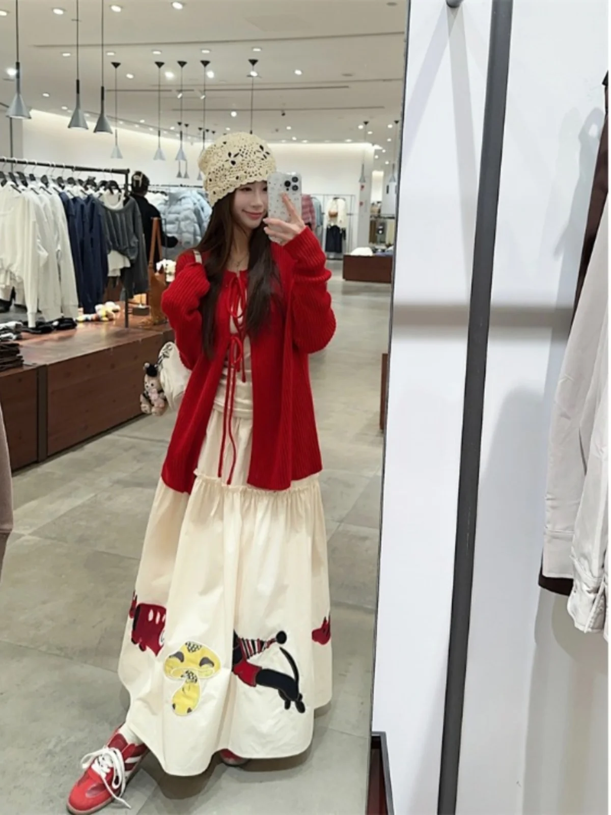 Elegância vermelho rendas tricô cardigall malhas topos feminino primavera outono moda de cintura alta elastil casual saias de impressão animal