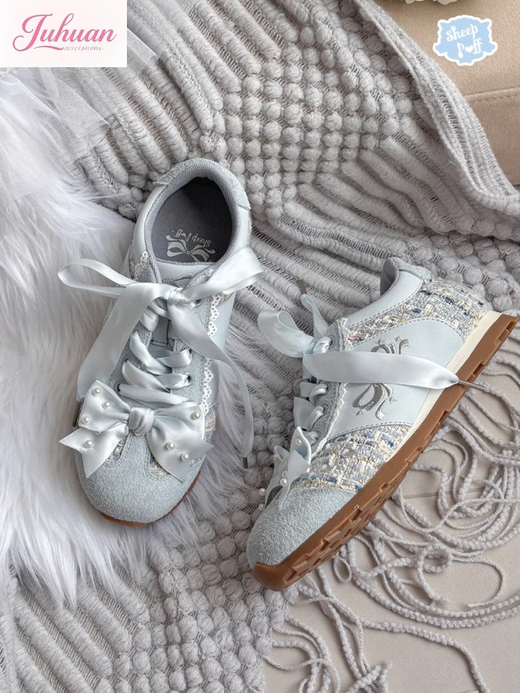 Japanese Silk Ribbon Bow Pearl Casual Shoe Girl Versatile Sequined Bow Sneakers Comfortable Versatile Sweetheart Lolita Lo Shoe