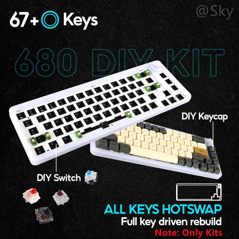 Teclado Mecânico TM680, Kit DIY, Hotswap, 3 Modos, Bluetooth, Com Fio, 2.4g, Luz RGB Sem Fio, Compatível com Cherry MX