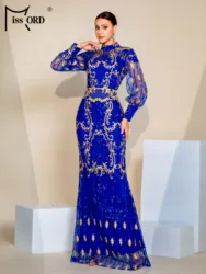 Missord New Round Neck Blue Lantern Sleeves Sequin Mermaid Evening Ethnic Style Wedding Birthday Party Prom Dress