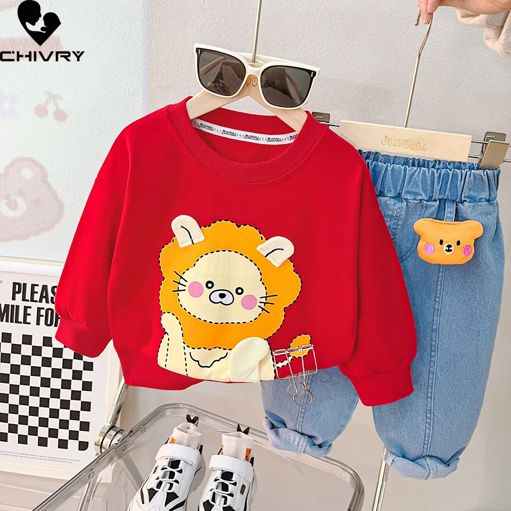 

New 2023 Kids Baby Autumn Cute Cartoon Lion Animal Pullover Sweatshirt Sports Tops with Denim Pants Boys Fashion Clothing Sets