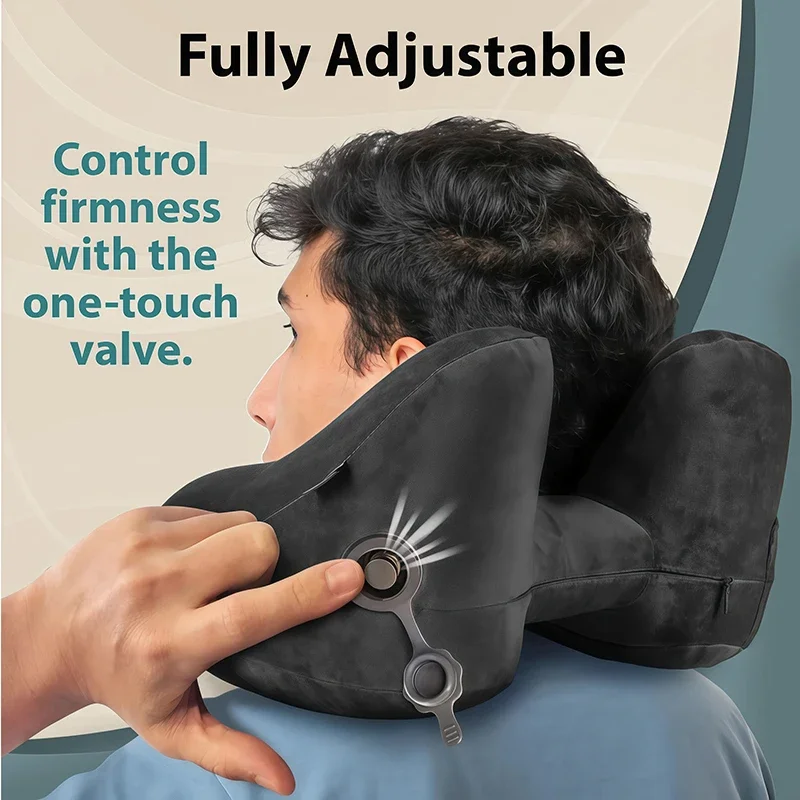 Hooded H-Shape Inflatable Neck Pillow Fast Inflate Portable Air Pillow for Plane Car Outdoor Travel Nap Long Trip Neck Rest