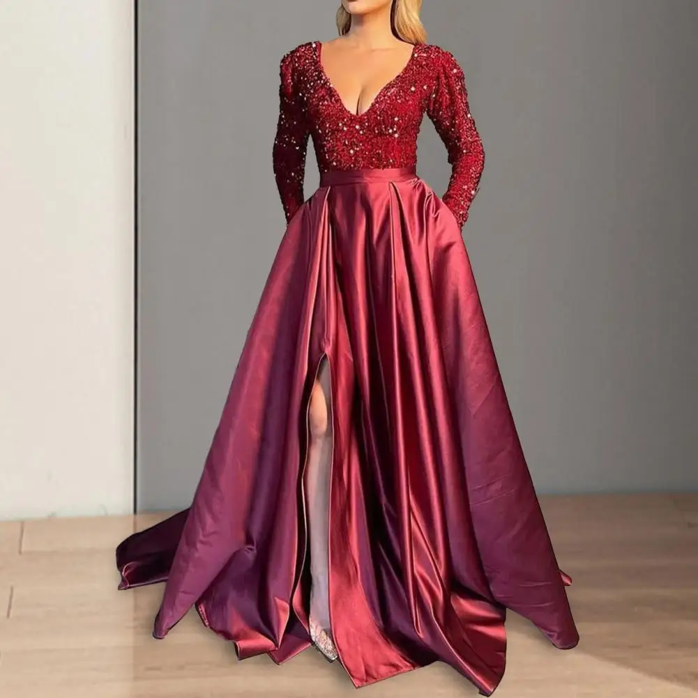 Women Evening Dress V Neck Sequin High Waist Split Hem A-line Big Swing Floor Length Satin Prom Wedding Party Lady Maxi Dress