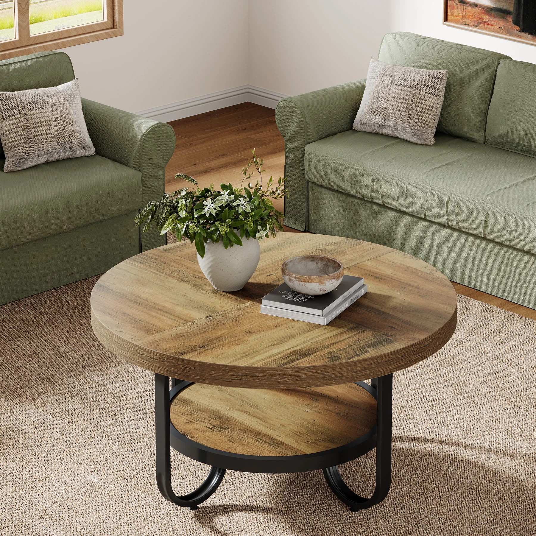 Tribesigns 2-Tier Round Coffee Table with Storage Shelf for Living Room, 31.1-Inch Center Cocktail Table with Sturdy Curved Meta