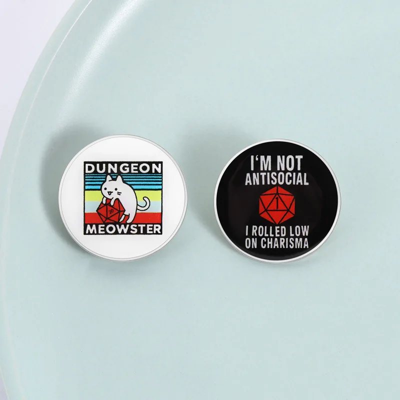 Creative TRPG Cats Dices Badge Brooch Pins Funny I'm Not Antisocial I Rolled Low On Charisma Enamel Lapel Pin Accessory On Backp