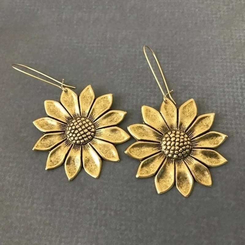 Luxury Gold Color Sunflower Earrings Large Sunflower Boho Floral Inspiration Statement Earrings Woodland Wedding Hippie Jewelry