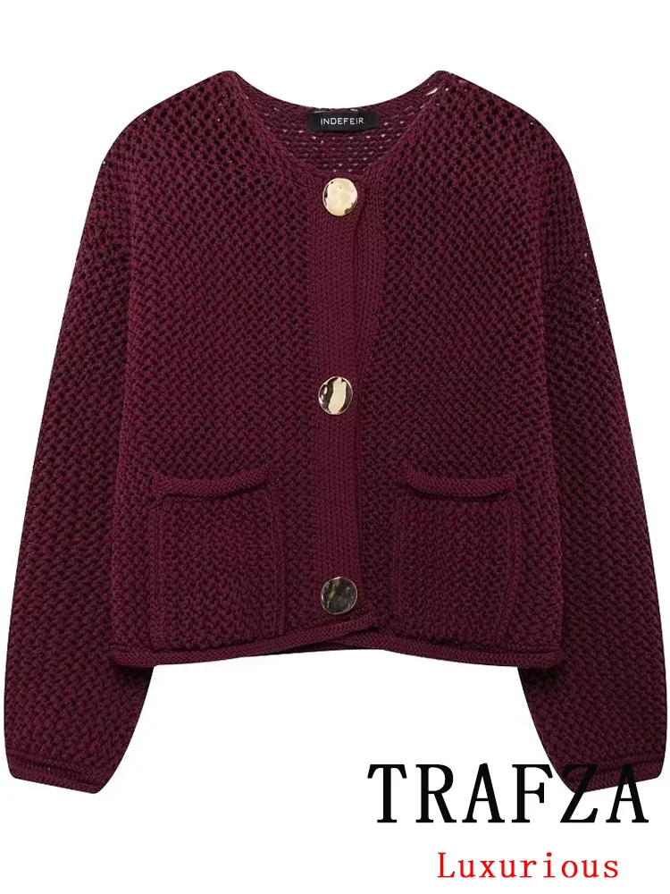 TRAFZA Vintage Chic Women Red Sweater O-Neck Hollow Out Buttons Long Sleeve Knitted Caidigans Fashion 2024 Autumn Winter Sweater